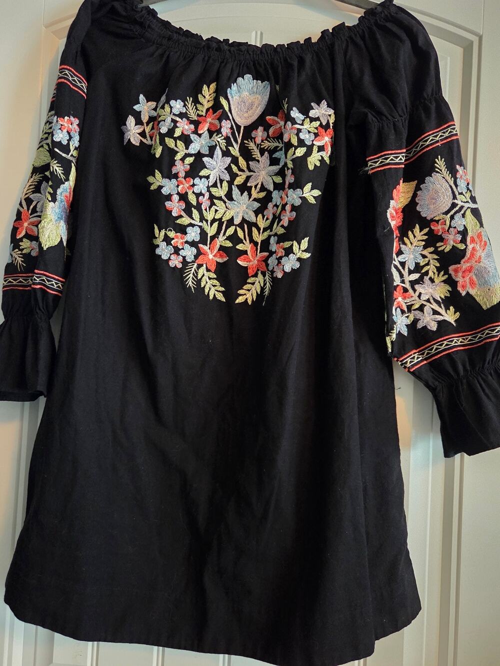 Free People Fleur Du Jour Embroidered Mini Dress Black Floral Off Shoulder XS